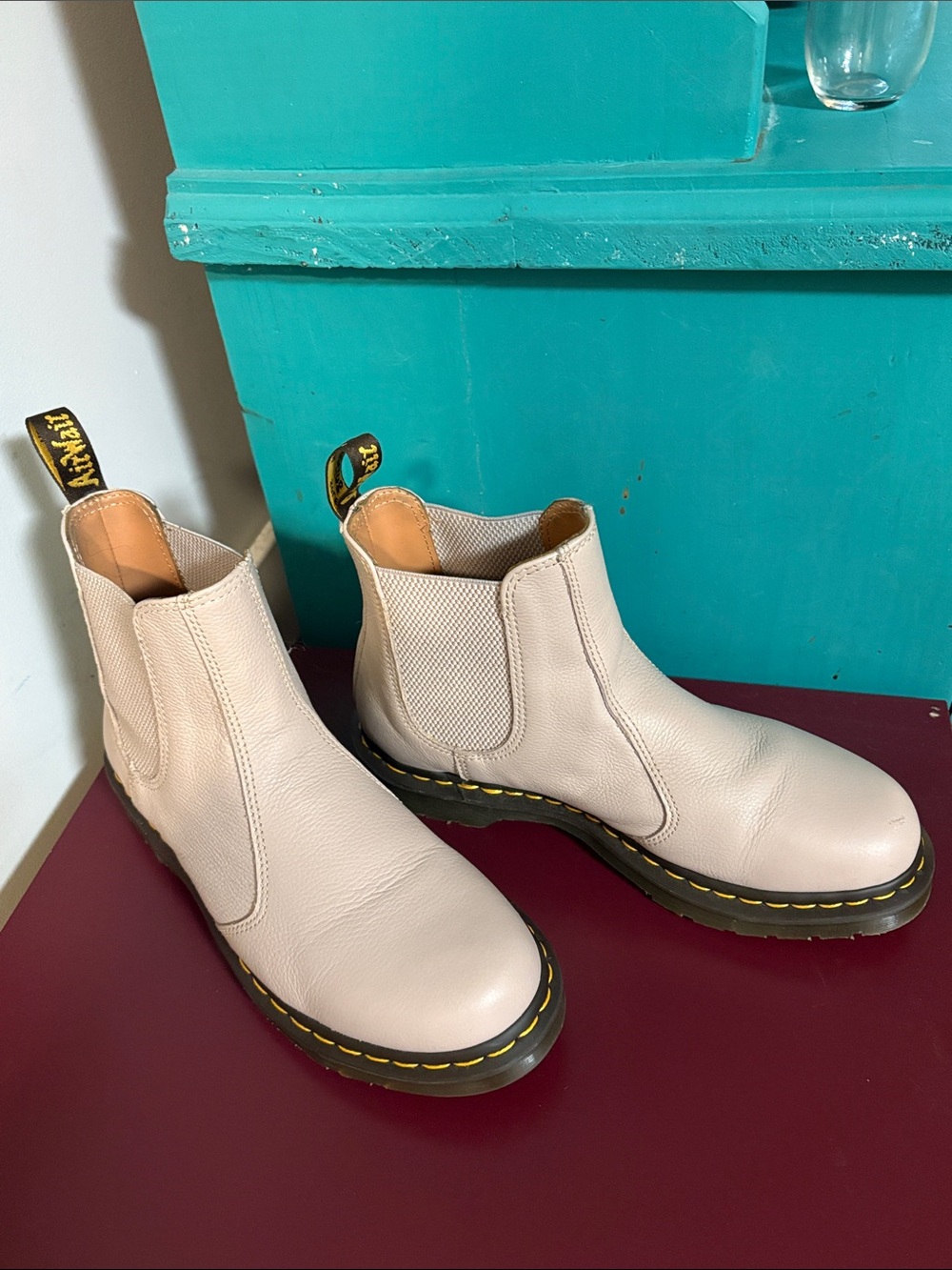 Dr. Martens Cream Leather Chelsea Boots with Yellow Welt Stitching